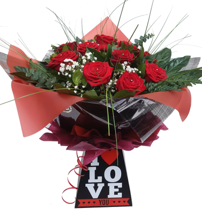 Ultimate Love - 12 Red Rose - 
Luxury long stem red roses with mixed foliage and diamante finish presented in a I love you box.